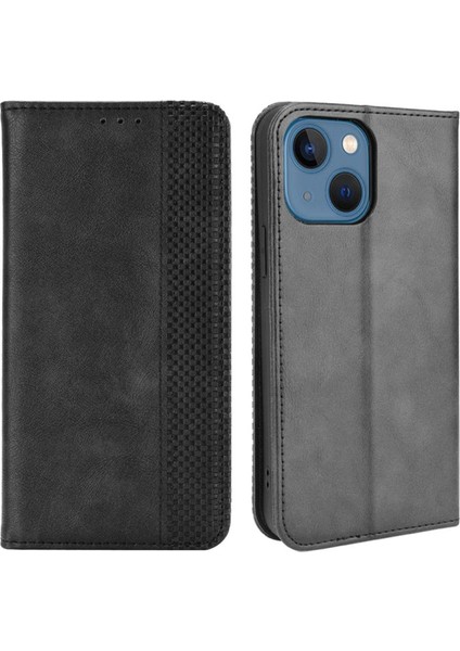 iPhone 13 Mini 5.4 Inç Uyumlu Retro Mat Pu Deri Cüzdan Telefon Kılıfı - Siyah (Yurt Dışından)