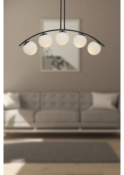 Le-Man Modern Tasarım Siyah Kasa Beyaz Kapalı Camlı 5 Li Avize