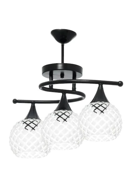 Fuji Retro Modern Siyah Kasa Camlı 3 Lü Avize