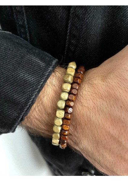 Çok Şık Ihlamur Yeşili ve Koyu Kahve Ikili Ahşap Bileklik