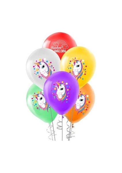 Rainbow Unicorn Baskılı Pastel Balon 12 Inch 30 cm (5 Li Paket)