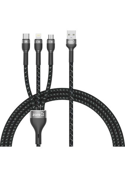 Shira Serisi 3 In 1 USB Kablo 150CM Type-C 5A Apple iPhone Uyumlu 12W Micro USB Hızlı Şarj Destekli