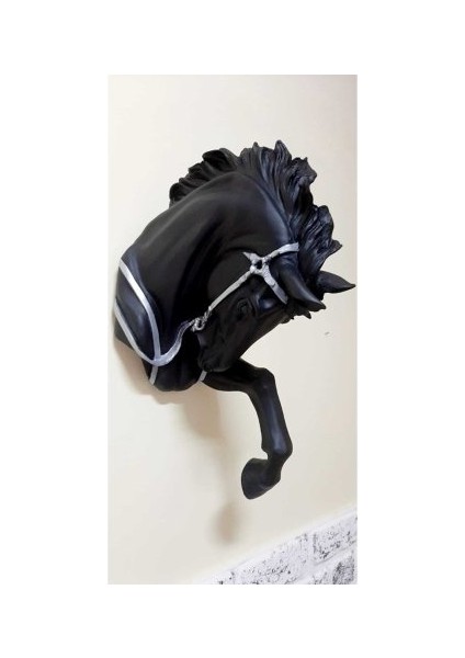 Dekoratif Duvar Dekorasyon Siyah-Gümüş At Kafası Aplik (48CMX28CM)