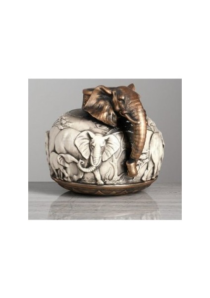 Dekoratif Fil Figürlü Tombul Vazo Saksı (32X27CM) Bakır Beyaz Eskitme