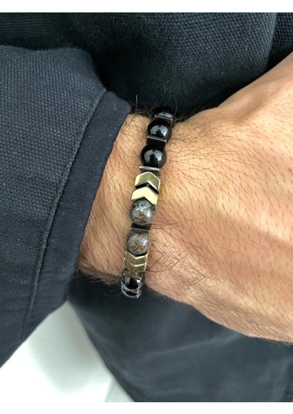 Unisex Altın Renk Detaylı Çok Şık Doğal Taş Bileklik