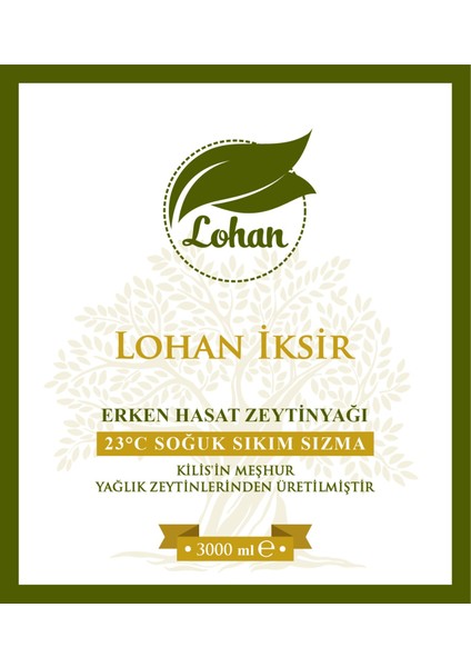 Iksir , Özel Erken Hasat , 23 C° Soğuk Sıkım Sızma Zeytinyağı, 3 lt , 3000 ml
