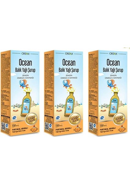 Ocean Omega 3 Portakal Aromalı Balık Yağı Şurubu 150 ml 3'lü Paket