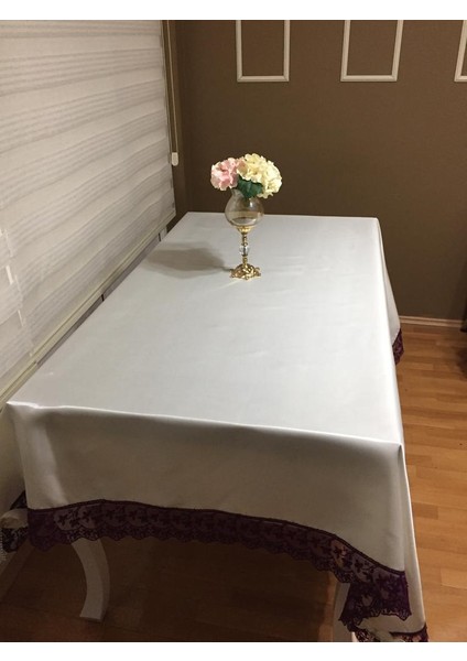 Seramoni Güpürlü Monoray Kumaş Krem/Mor Masa Örtüsü Dikdörtgen 170*230 cm - 874
