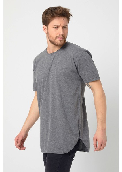 Antrasit Basic Erkek Bisiklet Yaka Long Fit Eteği Biyeli T-Shirt
