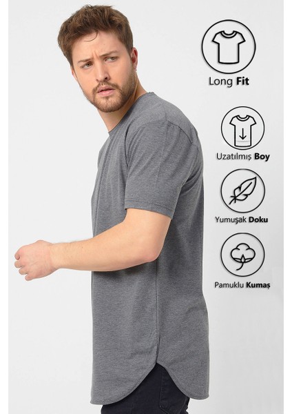 Antrasit Basic Erkek Bisiklet Yaka Long Fit Eteği Biyeli T-Shirt