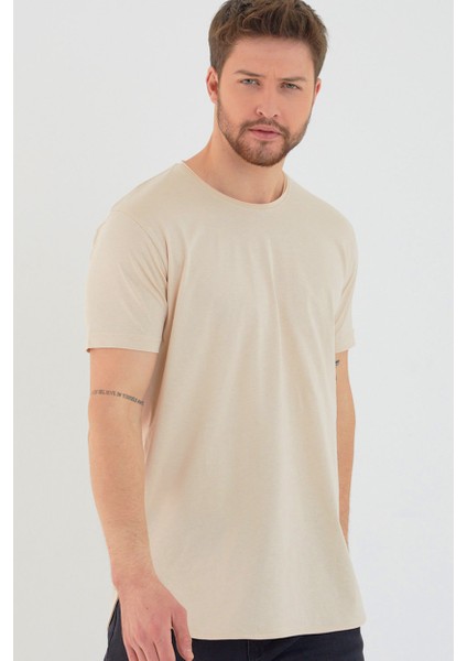 Bej Basic Erkek Bisiklet Yaka Long Fit Eteği Biyeli T-Shirt