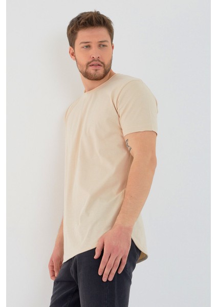 Bej Basic Erkek Bisiklet Yaka Long Fit Eteği Biyeli T-Shirt modelleri