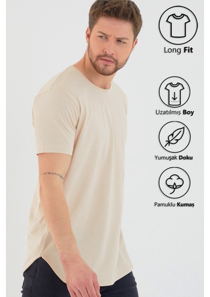 Bej Basic Erkek Bisiklet Yaka Long Fit Eteği Biyeli T-Shirt fırsatları