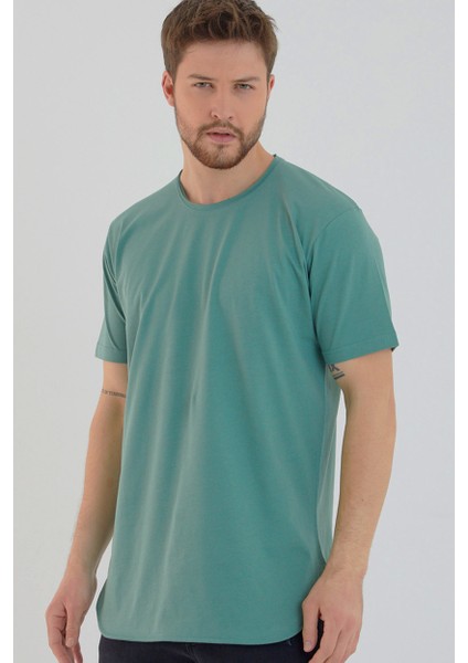 Su Yeşili Basic Erkek Bisiklet Yaka Long Fit Eteği Biyeli T-Shirt