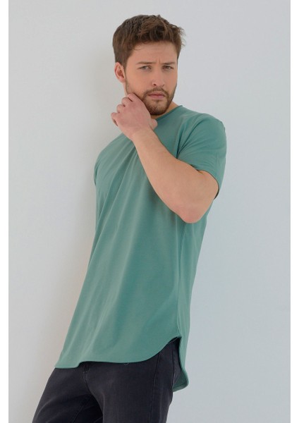 Su Yeşili Basic Erkek Bisiklet Yaka Long Fit Eteği Biyeli T-Shirt