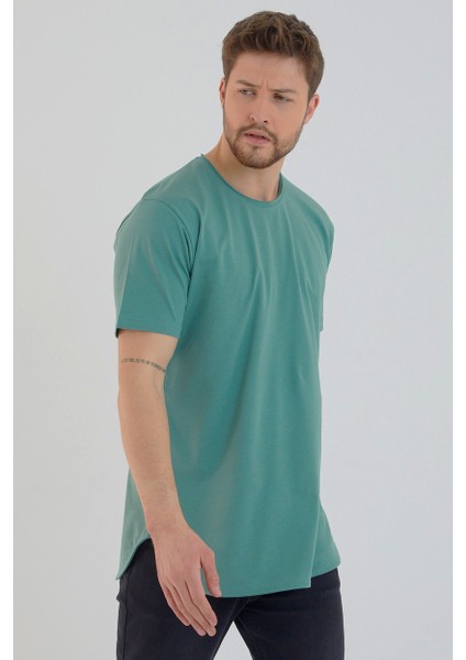 Su Yeşili Basic Erkek Bisiklet Yaka Long Fit Eteği Biyeli T-Shirt