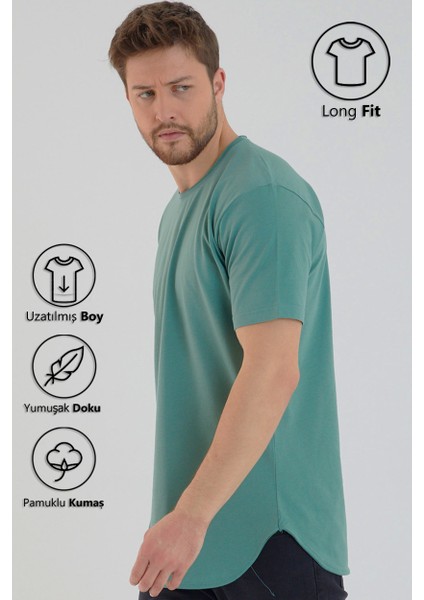 Su Yeşili Basic Erkek Bisiklet Yaka Long Fit Eteği Biyeli T-Shirt