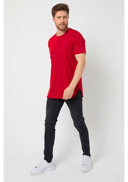 Kırmızı Basic Erkek Bisiklet Yaka Long Fit Eteği Biyeli T-Shirt modelleri