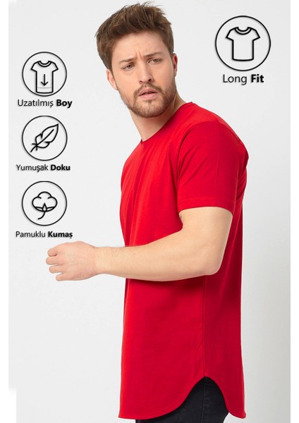 Kırmızı Basic Erkek Bisiklet Yaka Long Fit Eteği Biyeli T-Shirt fırsatları