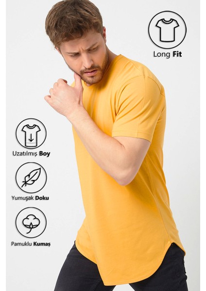 Sarı Basic Erkek Bisiklet Yaka Long Fit Eteği Biyeli T-Shirt