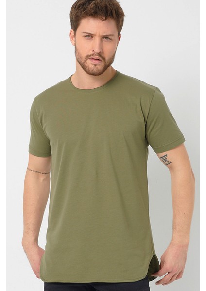 Haki Basic Erkek Bisiklet Yaka Long Fit Eteği Biyeli T-Shirt