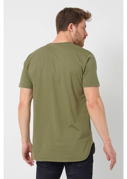 Haki Basic Erkek Bisiklet Yaka Long Fit Eteği Biyeli T-Shirt