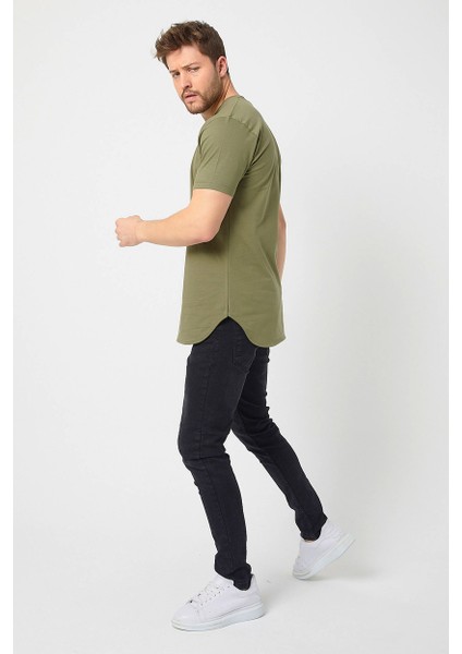 Haki Basic Erkek Bisiklet Yaka Long Fit Eteği Biyeli T-Shirt