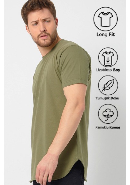 Haki Basic Erkek Bisiklet Yaka Long Fit Eteği Biyeli T-Shirt