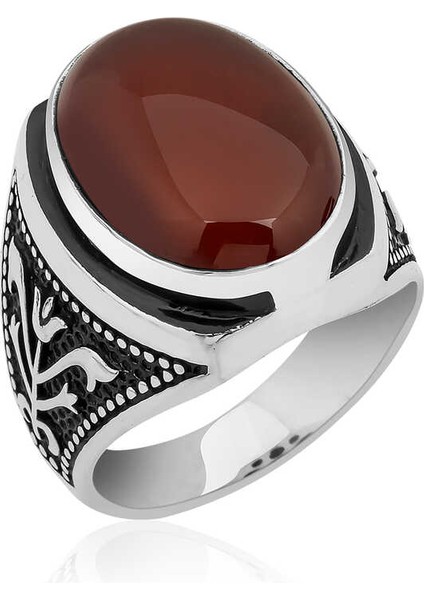 Gümüş Lale Işlemeli Akik Yüzük