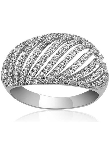 Gümüş Zirkon Taşlı Bombeli Bayan Yüzük