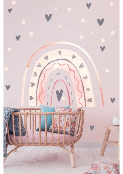 Pembe Tonlarda Gökkuşağı ve Gri Kalpler Çocuk Bebek Odası Dekorasyon Sticker Seti fiyatları