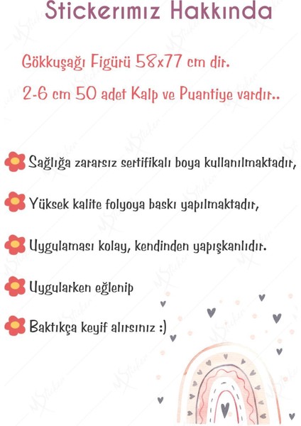 Pembe Tonlarda Gökkuşağı ve Gri Kalpler Çocuk Bebek Odası Dekorasyon Sticker Seti modelleri