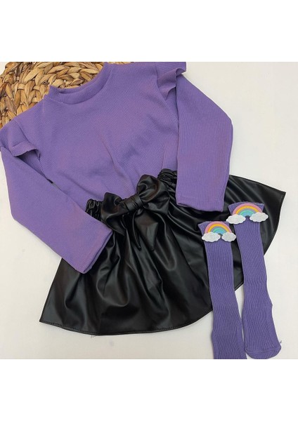 Deri Etek Fiyonklu Mor Badi ve Diz Altı Çorap Takım 12-18 Ay