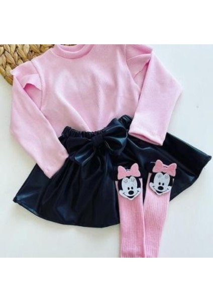 Deri Etek Pembe Badi ve Diz Altı Çorap Takım 18-24 Ay