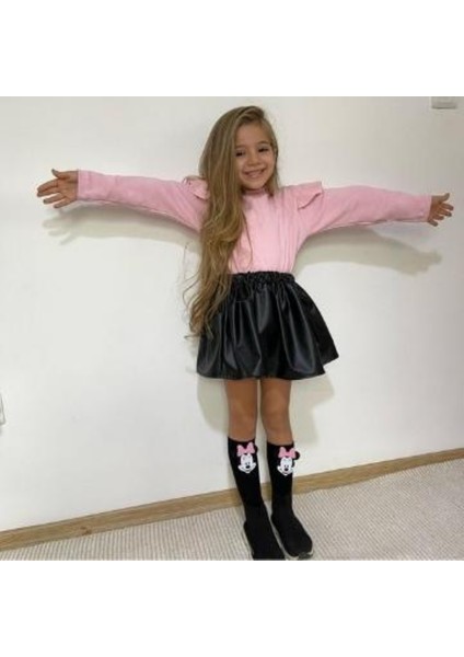 Deri Etek Pembe Badi ve Diz Altı Çorap Takım 18-24 Ay modelleri