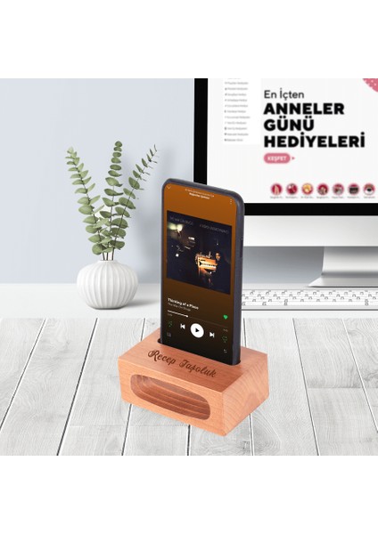 Isme Özel Ses Yükseltici Ahşap Telefon Standı