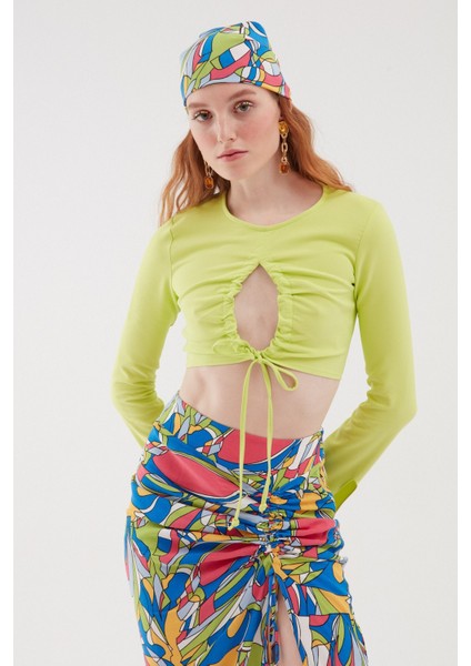 Büzgülü Crop Bluz Açık Yeşil