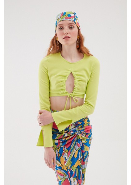 Büzgülü Crop Bluz Açık Yeşil