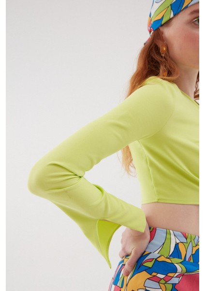 Büzgülü Crop Bluz Açık Yeşil