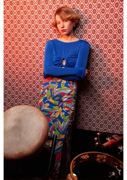 Büzgü Detaylı Crop Bluz Mavi
