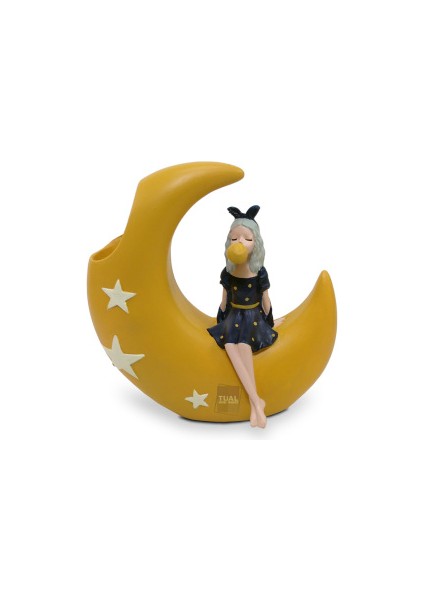 Dekoratif Ay Dede Üstünde Sakız Şişiren Kız Kalemlik Saksı (16X16CM) Sarı