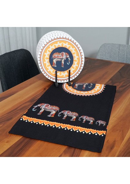 Etnik Fil Desenli Runner 2'li Supla Set (Siyah)