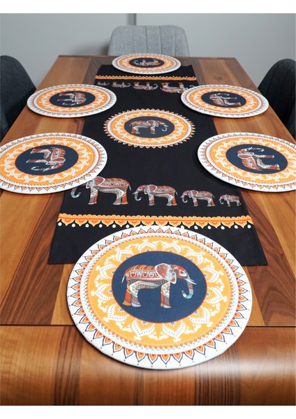 Etnik Fil Desenli Runner 2'li Supla Set (Siyah) modelleri