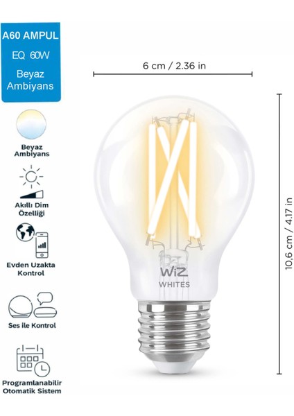 60W Sarı-Beyaz Ambiyans E27 Şeffaf Cam Akıllı Filament Ampul (A60)
