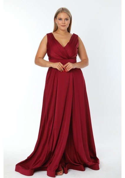 Büyük Beden 3434 Bordo Uzun Abiye Elbise