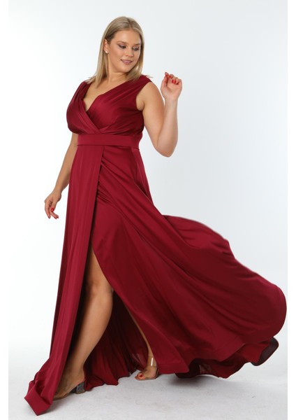 Büyük Beden 3434 Bordo Uzun Abiye Elbise modelleri