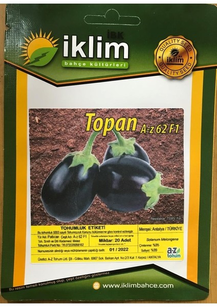 Patlıcan Tohumu Hibrit A-Z-62-F1 Topan Patlıcan - 20 Adet Tohumluk