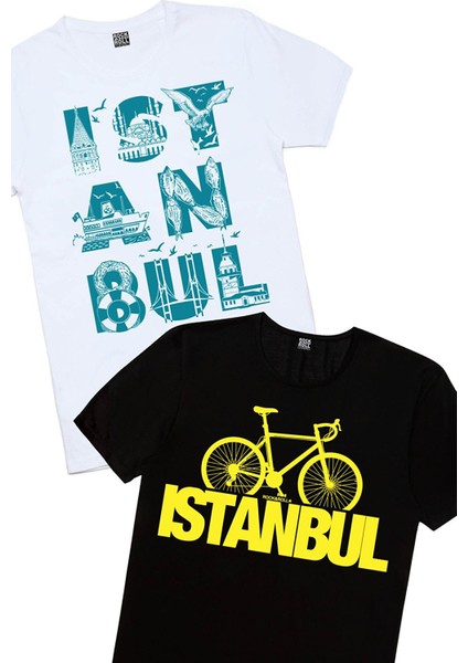 Istanbul Bisiklet Beyaz, Istanbul Harfler Siyah Erkek 2'li Eko Paket T-Shirt