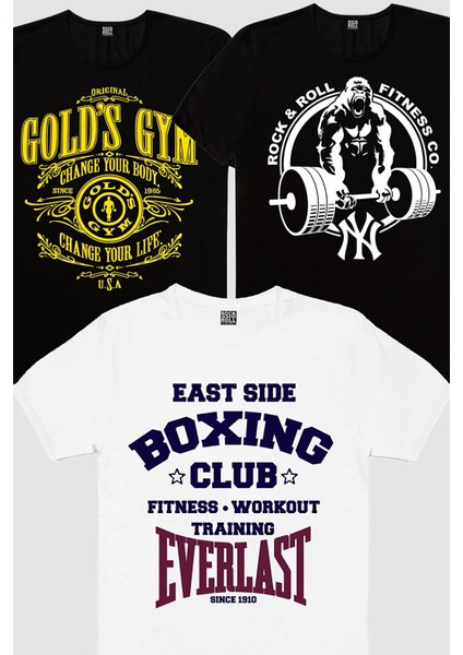 Golds Gym, Gorilla Gym, Boks Kulübü Beyaz Erkek 3'lü Eko Paket T-Shirt