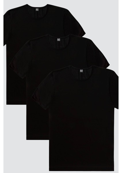 Düz, Baskısız Siyah Erkek 3'lü Eko Paket T-Shirt